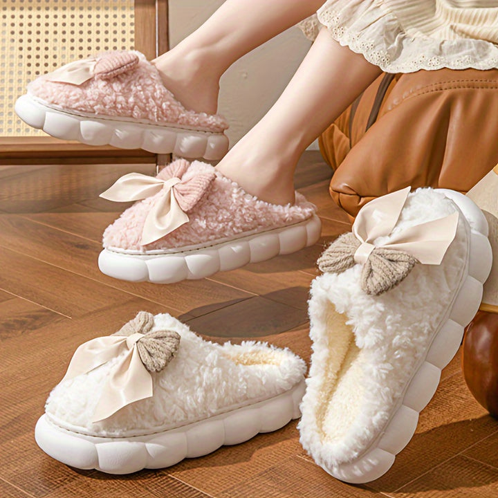 Winter Warm Plush Slippers - 1 Pair Women's Casual Solid Color Bowknot Indoor House Shoes - Thick Sole Non-Slip with Superfine Fiber Insole and TPU Sole