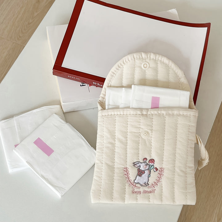 1pc Cute Cartoon Embroidered Pad Case, Lightweight Portable Menstrual Pack, High Aesthetic Sanitary Napkin Storage Bag, Polyester, Unisex, Fragrance-Free, Cosmetic Bag for Women