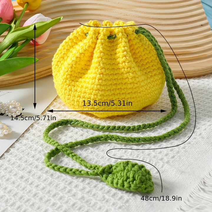 Handmade Crochet Pineapple Drawstring Pouch, Polyester Fiber Knitted Coin Purse with Leaf Accents