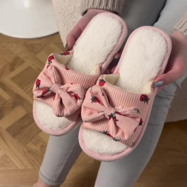 Lightweight Cute Strawberry Bowknot Home Slippers, Non-slip Floor Mute Plush Lined Warm Shoes