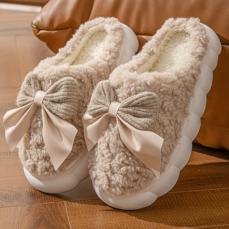 Winter Warm Plush Slippers - 1 Pair Women's Casual Solid Color Bowknot Indoor House Shoes - Thick Sole Non-Slip with Superfine Fiber Insole and TPU Sole