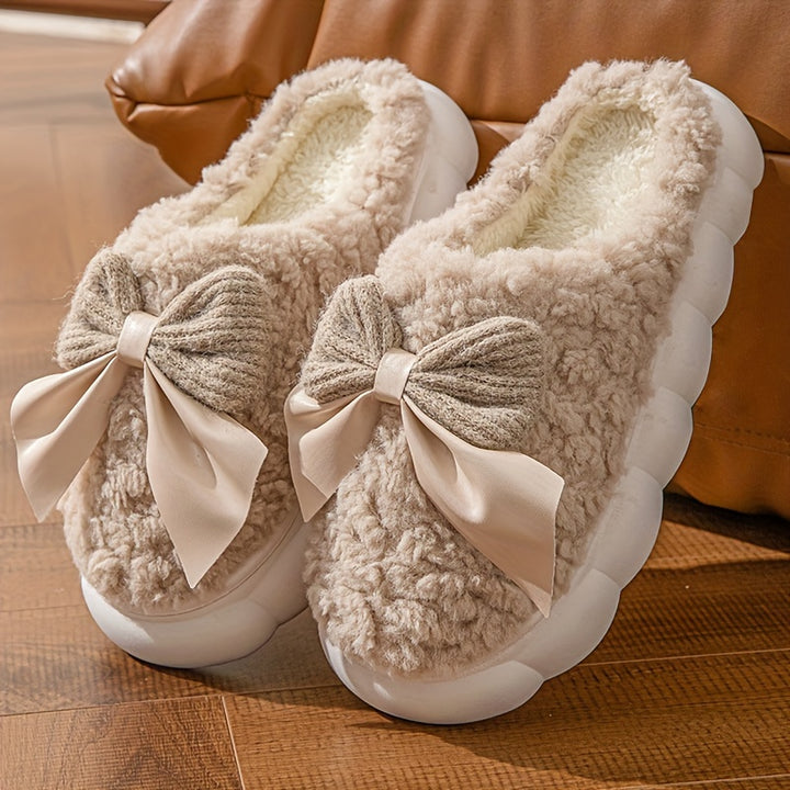 Winter Warm Plush Slippers - 1 Pair Women's Casual Solid Color Bowknot Indoor House Shoes - Thick Sole Non-Slip with Superfine Fiber Insole and TPU Sole