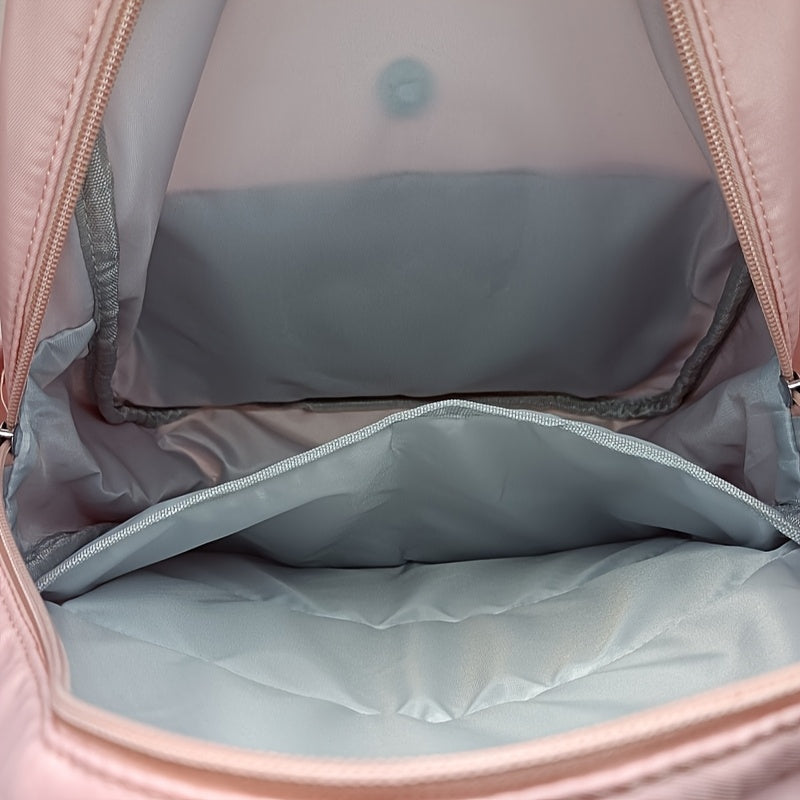 Cute Pink Ruffle Backpack with Plush Toy - Large Capacity Soft Shell Daypack for Casual Use, Nylon Material, Zipper Closure, Utility Pockets, Everyday Backpack|Ruffle Detail Backpack|Zippered Backpack