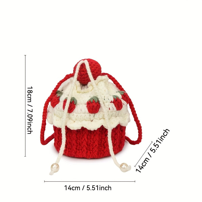 Handmade Strawberry Cake Knit Bucket Bag – Red & White Crochet Shoulder Messenger Bag with Drawstring Closure, Sweet Design for Women