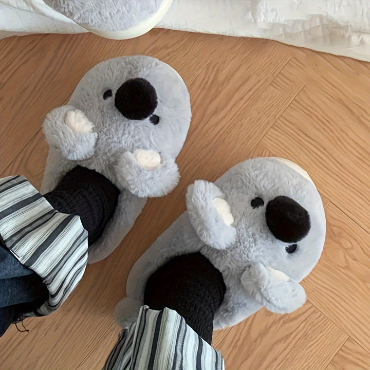 Cute Koala Plush Slippers for Women - Winter Casual Indoor Non-Slip Fabric Slippers with EVA Sole, Hand Washable, Cartoon Pattern, Warm Home Shoes for Couples