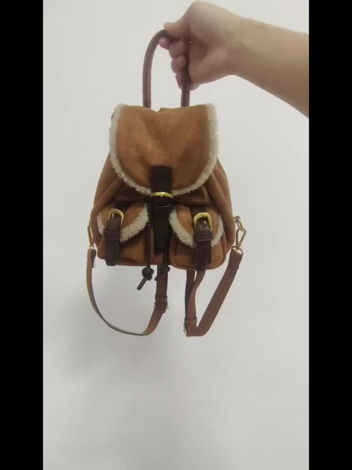 [Stylish Dual-Strap Handbag Autumn] Hailong Palace Elegant Daypack Backpack for Women - Casual Soft Shell Faux Fur Mini Back Bag with Utility Pocket, Buckle Closure, Light Brown Polyester Lining, Wipe Clean - Stylish Autumn/Winter Dual-Strap Handbag