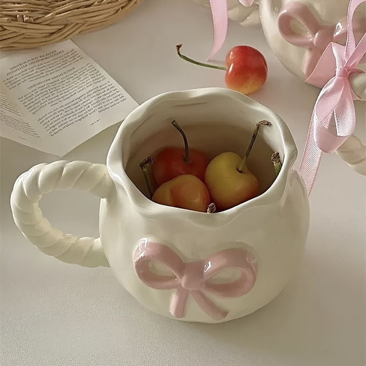 1pc Elegant Pink Bow Ceramic Mug - Reusable, Hand-Wash Only, Perfect for Coffee, Tea, Breakfast, or Afternoon Delight - Ideal for Office, Party, Birthday, and Holiday Gifts, Office Mug | Elegant Mug Design | Smooth Finish