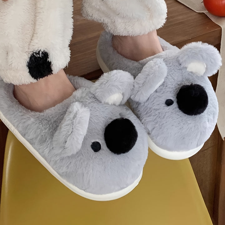 Cute Koala Plush Slippers for Women - Winter Casual Indoor Non-Slip Fabric Slippers with EVA Sole, Hand Washable, Cartoon Pattern, Warm Home Shoes for Couples