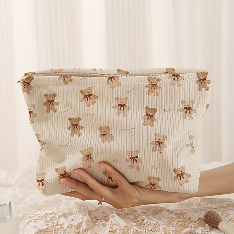 Cute Bear Print Corduroy Zipper Cosmetic Bag, Lightweight Makeup Organizer with Lined Interior, Multi-functional Toiletry Pouch, Polyester Unscented Random Print