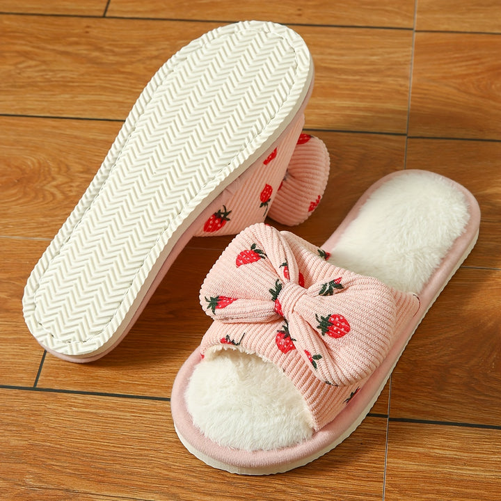 Lightweight Cute Strawberry Bowknot Home Slippers, Non-slip Floor Mute Plush Lined Warm Shoes