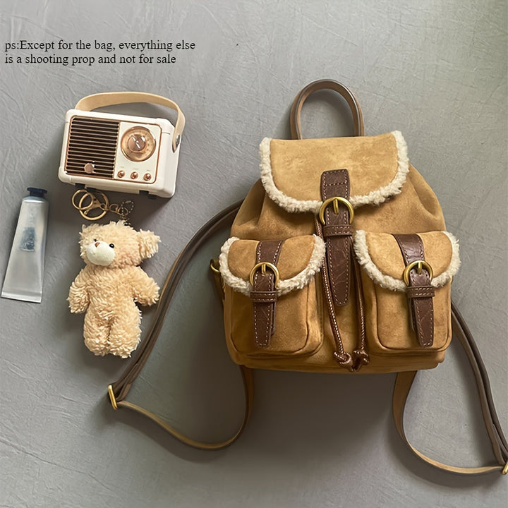 [Stylish Dual-Strap Handbag Autumn] Hailong Palace Elegant Daypack Backpack for Women - Casual Soft Shell Faux Fur Mini Back Bag with Utility Pocket, Buckle Closure, Light Brown Polyester Lining, Wipe Clean - Stylish Autumn/Winter Dual-Strap Handbag