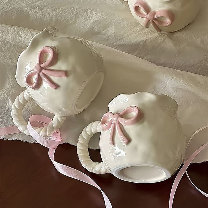 1pc Elegant Pink Bow Ceramic Mug - Reusable, Hand-Wash Only, Perfect for Coffee, Tea, Breakfast, or Afternoon Delight - Ideal for Office, Party, Birthday, and Holiday Gifts, Office Mug | Elegant Mug Design | Smooth Finish