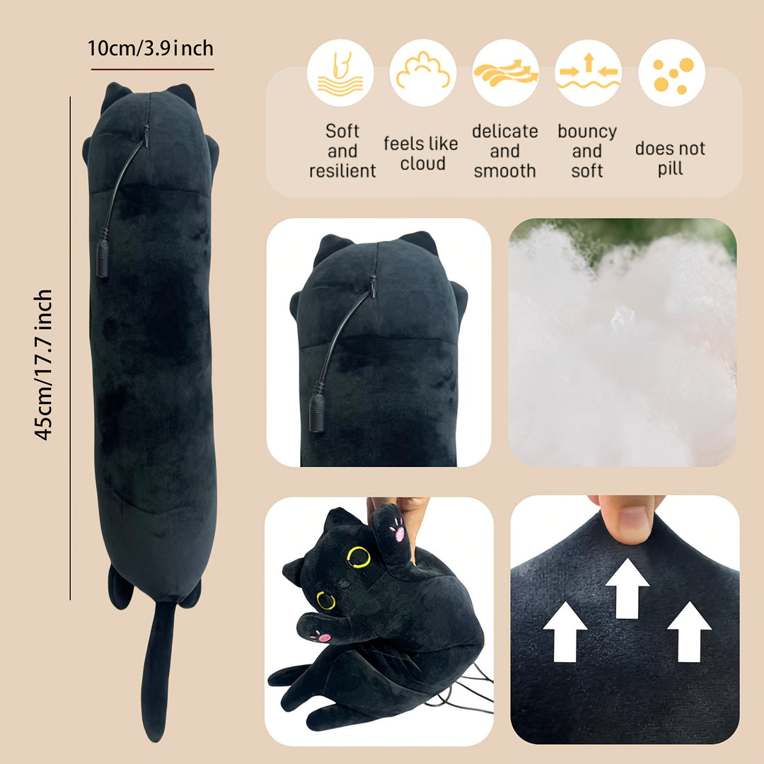 17.7 Inch Heated Black Cat Pillow Cushion with 5 Temperature Settings - USB Heating Pad - All-Season, 45cm