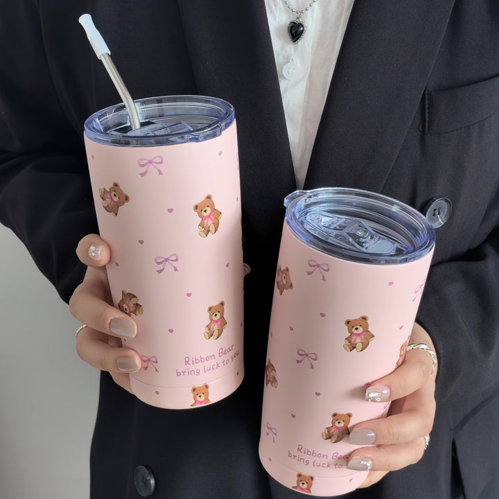 Cute Bow Bear 20Oz Stainless Steel Insulated Tumbler - Durable, Reusable, Multi-Purpose Travel Mug for Hot and Cold Beverages, Perfect for Camping, Outdoor Adventures, and Thoughtful Gifts - Straw Not Included