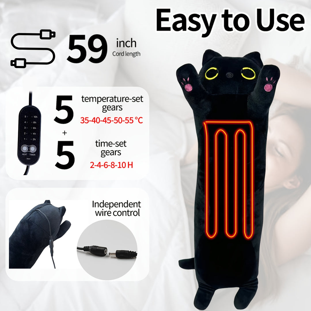 17.7 Inch Heated Black Cat Pillow Cushion with 5 Temperature Settings - USB Heating Pad - All-Season, 45cm