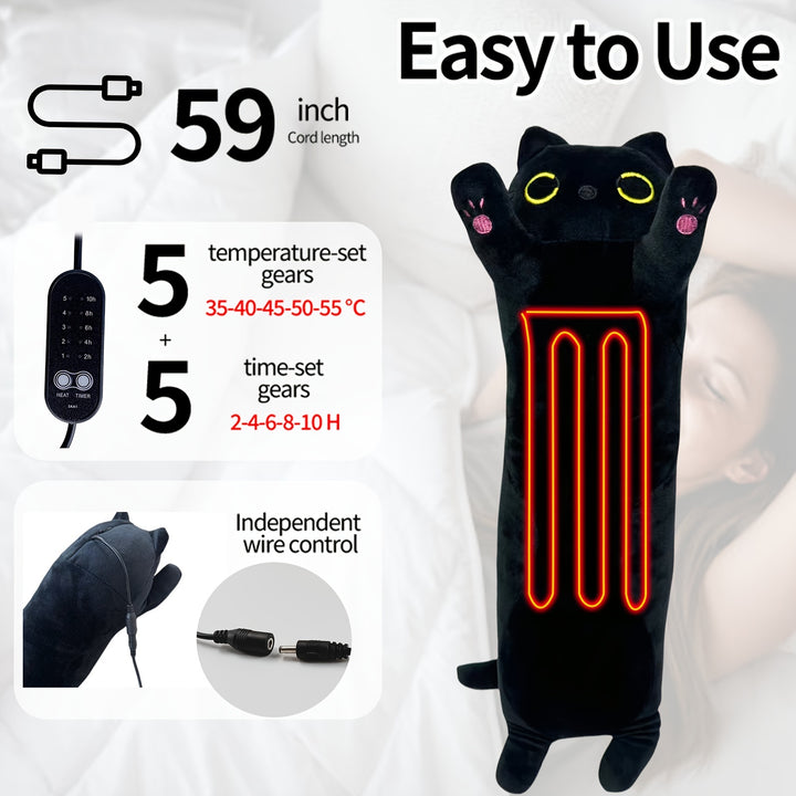 17.7 Inch Heated Black Cat Pillow Cushion with 5 Temperature Settings - USB Heating Pad - All-Season, 45cm