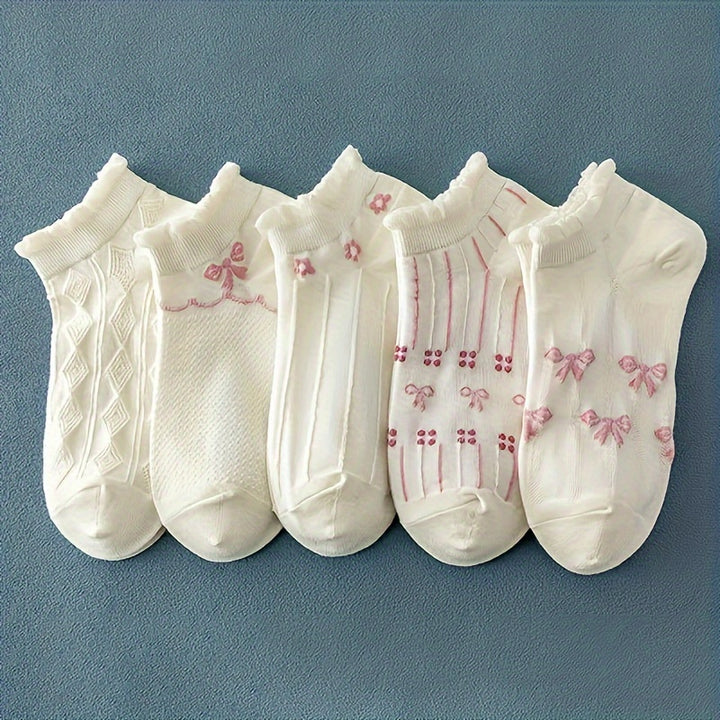 5 Pairs Women's Cute Bow & Floral Pattern Ankle Socks - Breathable Polyester Blend, Ruffled Detail, Machine Washable, Cozy Casual Attire|Ruffled Sock Edges|Polyester Spandex Blend, Cute Socks
