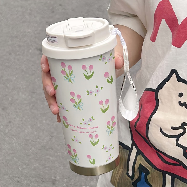 17.92oz Pink Tulip Pattern Insulated Cup with Straw & Lid - Stainless Steel, Portable, Ideal for Office, Home, Travel, Sports, Outdoor Activities - Perfect Ramadan Gift