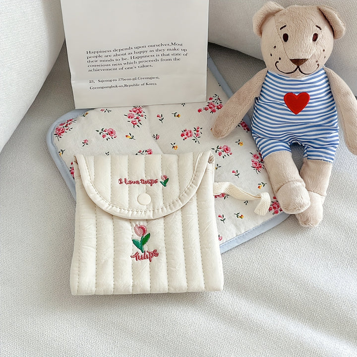 1pc Cute Cartoon Embroidered Pad Case, Lightweight Portable Menstrual Pack, High Aesthetic Sanitary Napkin Storage Bag, Polyester, Unisex, Fragrance-Free, Cosmetic Bag for Women