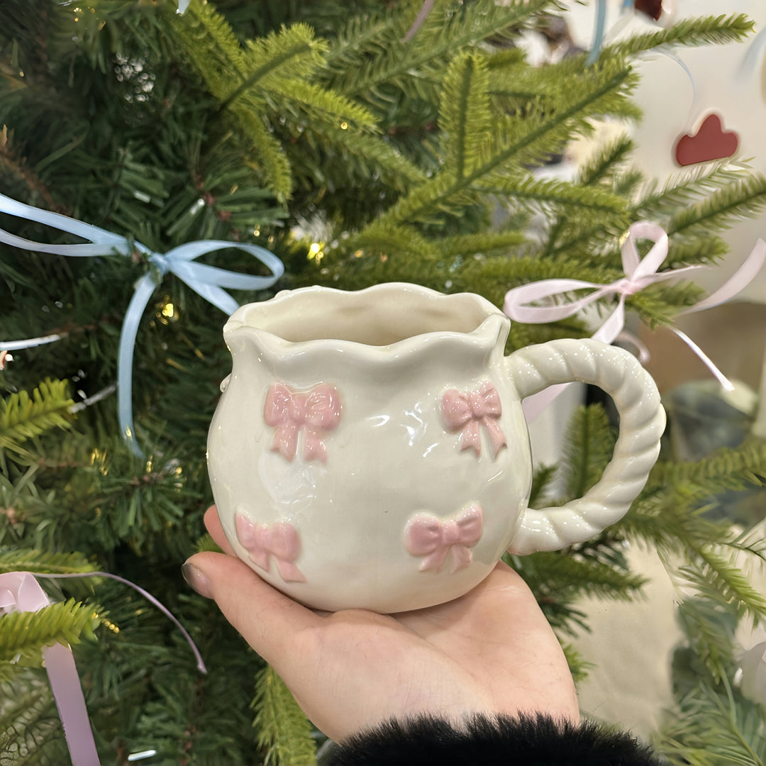 1pc Cute Pink Bow Mug – Embossed Design, Insulated Coffee Cup for Breakfast, Milk, or Tea, Reusable & Dishwasher Safe, Perfect for Holiday Gifting, Breakfast Coffee Mug | Whimsical Mug Design | Dishwasher Safe Mug, Coffee Accessories