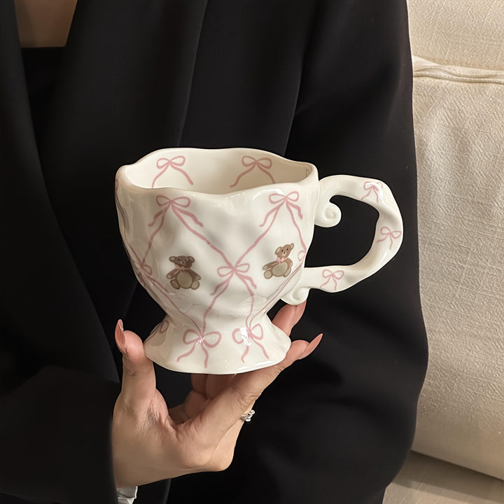 [1pc Hand-Painted Cute Bear Ceramic Mug] 1pc Hand-Painted Cute Bear Ceramic Mug, Princess Theme Animal Print, Round Insulated Coffee Cup for Hot and Cold Beverages, Reusable, Ideal for Christmas, Halloween, Thanksgiving, Ramadan, Graduation Gifts