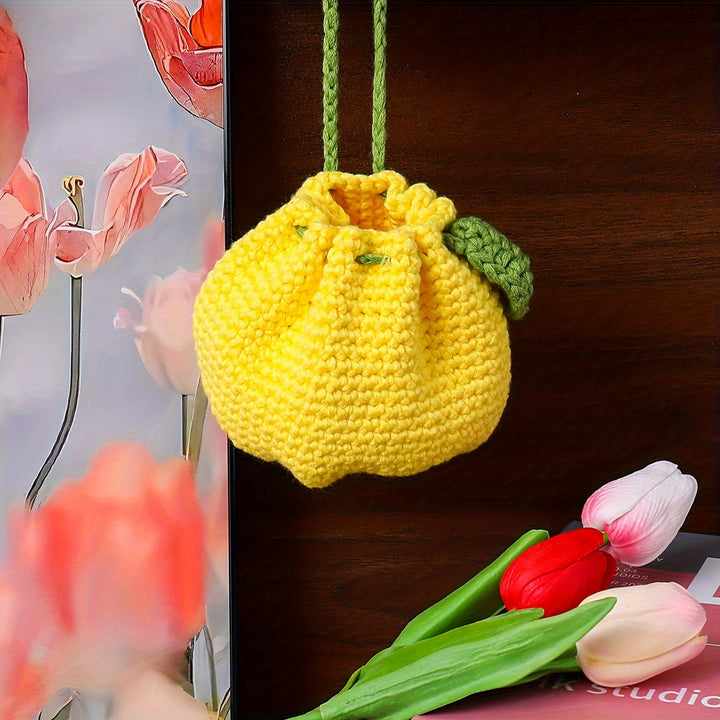 Handmade Crochet Pineapple Drawstring Pouch, Polyester Fiber Knitted Coin Purse with Leaf Accents