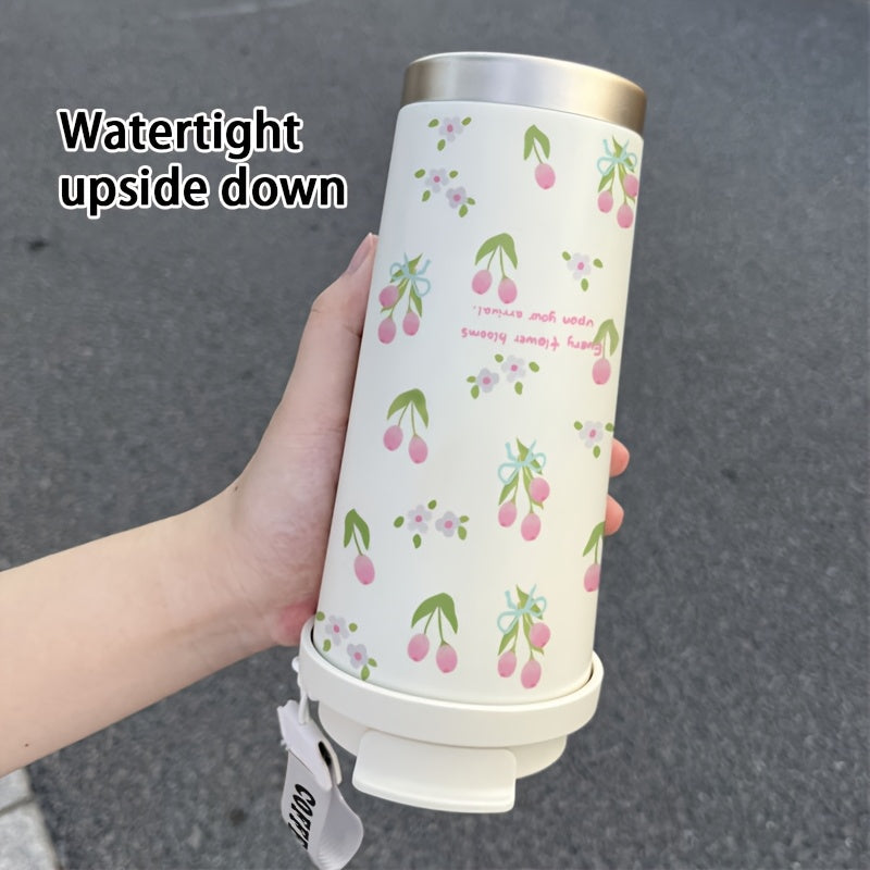 17.92oz Pink Tulip Pattern Insulated Cup with Straw & Lid - Stainless Steel, Portable, Ideal for Office, Home, Travel, Sports, Outdoor Activities - Perfect Ramadan Gift