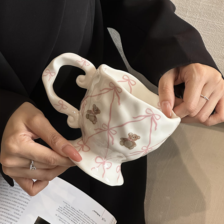 [1pc Hand-Painted Cute Bear Ceramic Mug] 1pc Hand-Painted Cute Bear Ceramic Mug, Princess Theme Animal Print, Round Insulated Coffee Cup for Hot and Cold Beverages, Reusable, Ideal for Christmas, Halloween, Thanksgiving, Ramadan, Graduation Gifts