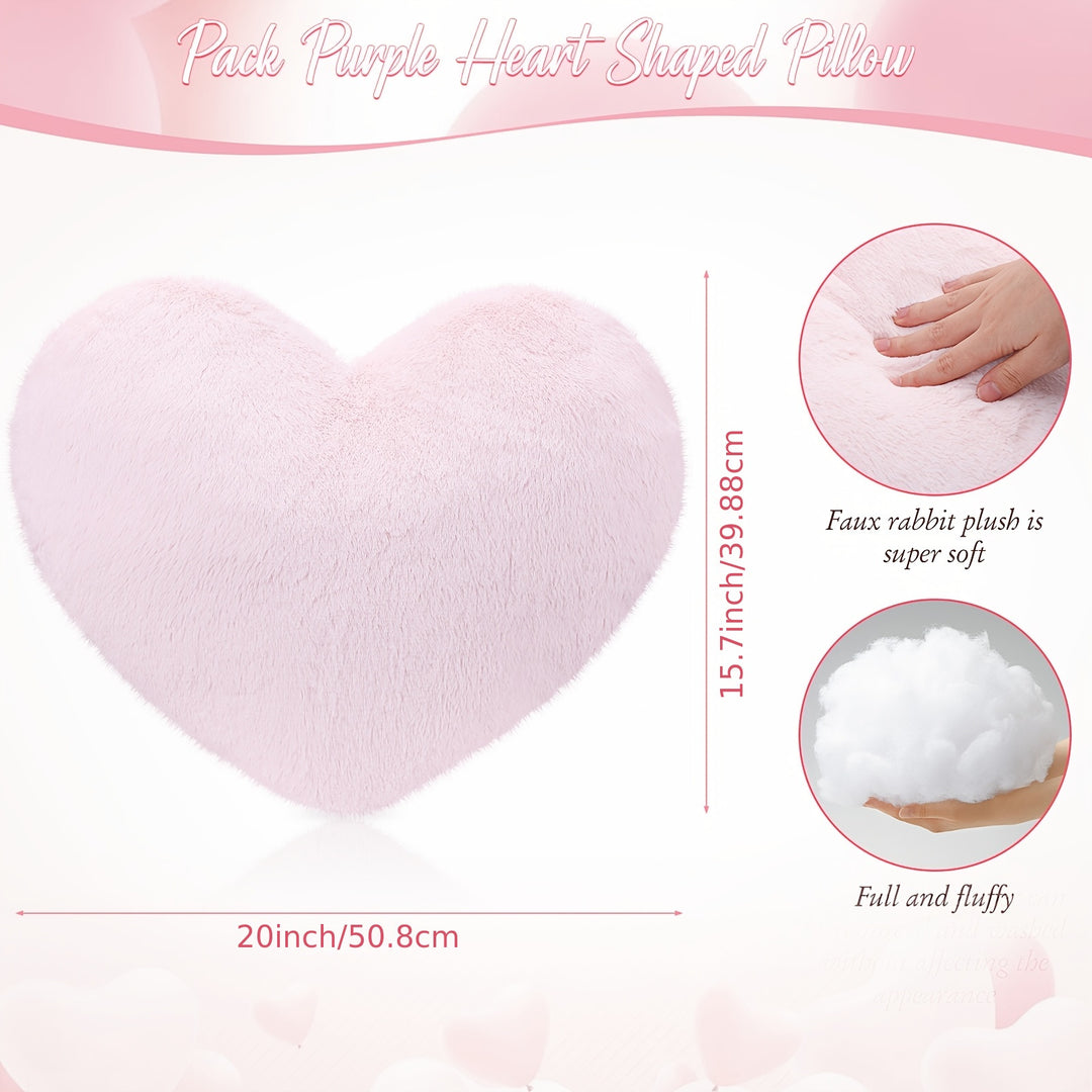 2pcs Plush Pink Heart Throw Pillows - 20x15.7" Soft Faux Bunny Fur, Fluffy & Cozy Decorative Cushions with Inserts for Bedroom Aesthetic - Hand Washable, Boho Style, Pillows for Bed