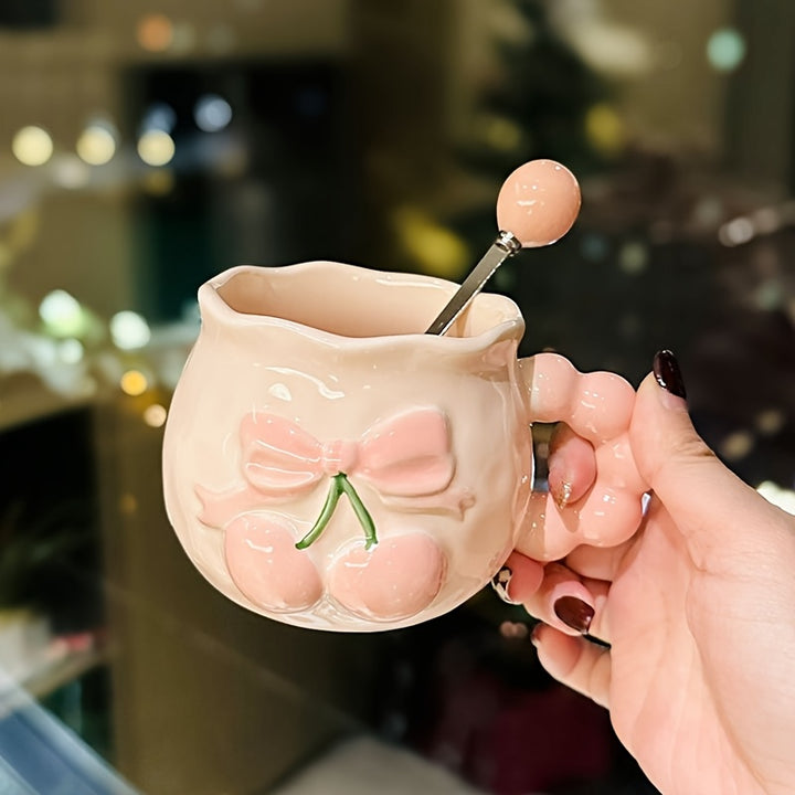 1pc Vintage Embossed Cherry Ceramic Mug with Spoon Pink Girl's Heart Office Coffee Cup, Suitable for Coffee, Juice, Beverage, Milk