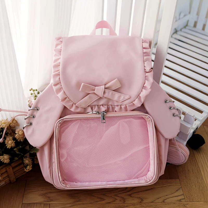 Cute Pink Ruffle Backpack with Plush Toy - Large Capacity Soft Shell Daypack for Casual Use, Nylon Material, Zipper Closure, Utility Pockets, Everyday Backpack|Ruffle Detail Backpack|Zippered Backpack