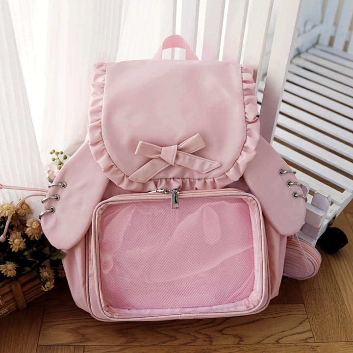 Cute Pink Ruffle Backpack with Plush Toy - Large Capacity Soft Shell Daypack for Casual Use, Nylon Material, Zipper Closure, Utility Pockets, Everyday Backpack|Ruffle Detail Backpack|Zippered Backpack