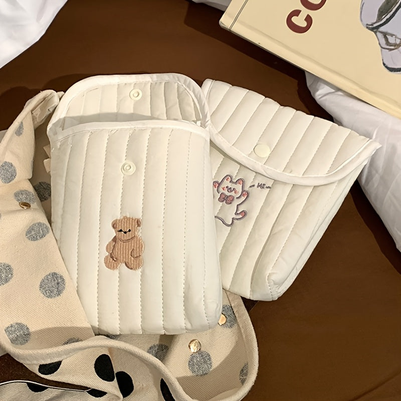 Cherry Quilted Sanitary Napkin Storage Bag – Cute White Portable Mini Makeup Organizer with Cherry Embroidery, Polyester Material for Women, Compact and Stylish