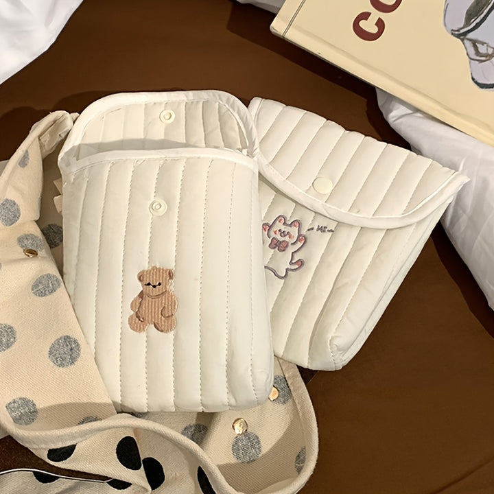 Cherry Quilted Sanitary Napkin Storage Bag – Cute White Portable Mini Makeup Organizer with Cherry Embroidery, Polyester Material for Women, Compact and Stylish