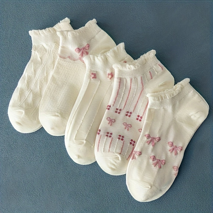 5 Pairs Women's Cute Bow & Floral Pattern Ankle Socks - Breathable Polyester Blend, Ruffled Detail, Machine Washable, Cozy Casual Attire|Ruffled Sock Edges|Polyester Spandex Blend, Cute Socks