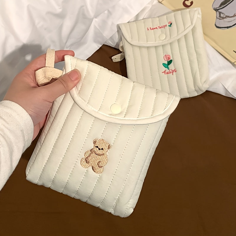 Cherry Quilted Sanitary Napkin Storage Bag – Cute White Portable Mini Makeup Organizer with Cherry Embroidery, Polyester Material for Women, Compact and Stylish