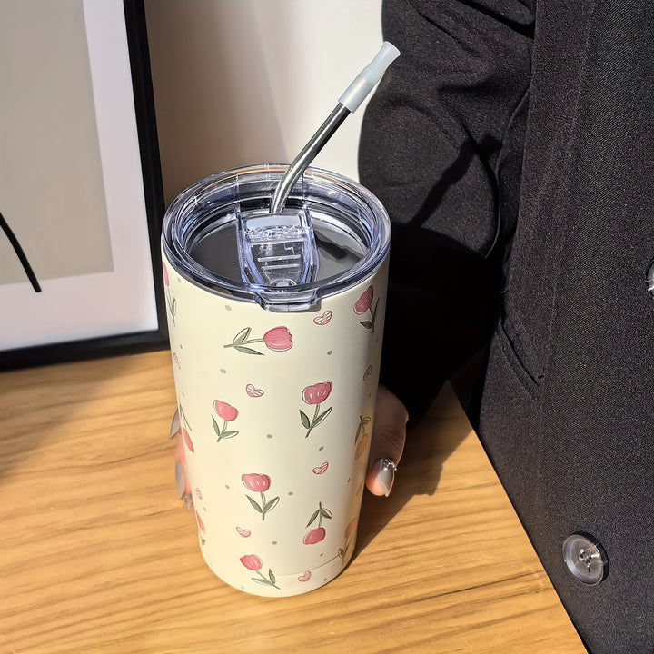 1pc, Tulip Pattern Water Bottle, 600ml/20.29oz Stainless Steel Insulated Water Cups, Summer Winter Drinkware, Travel Accessories, Gifts