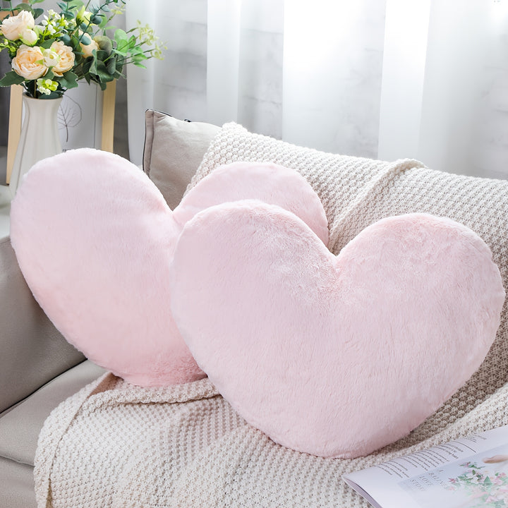 2pcs Plush Pink Heart Throw Pillows - 20x15.7" Soft Faux Bunny Fur, Fluffy & Cozy Decorative Cushions with Inserts for Bedroom Aesthetic - Hand Washable, Boho Style, Pillows for Bed