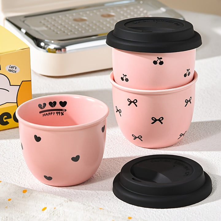 1pc High Beauty Pink 245Ml/8.29Oz Ceramic Coffee Cup with Lid. Bow Shaped Love Cherry Hand Cup, Afternoon Tea, Very Suitable for Mini Coffee, Coffee Lovers Gift, Valentine'S Day Gift, Sisters Gift, Mother Gift, Birthday Gift, Wedding Gift
