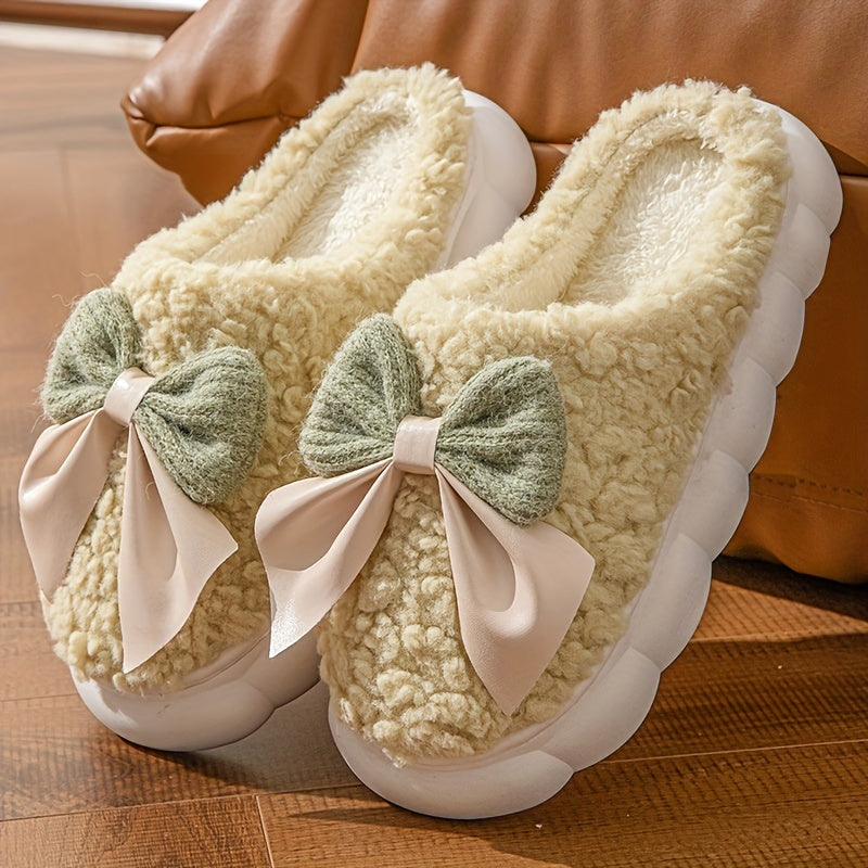 Winter Warm Plush Slippers - 1 Pair Women's Casual Solid Color Bowknot Indoor House Shoes - Thick Sole Non-Slip with Superfine Fiber Insole and TPU Sole