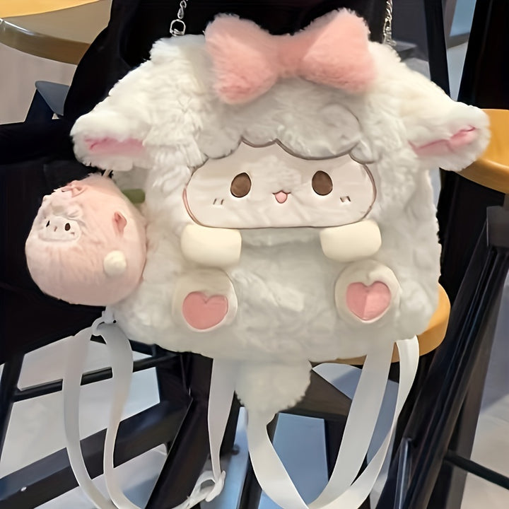 Adorable Cartoon Sheep Backpack - Soft, Fluffy, Lightweight with Removable Strap, Zipper Closure, Polyester Lining, Hand Washable, Perfect for School & Casual Use, School Backpack | Playful Design | Lightweight Backpack