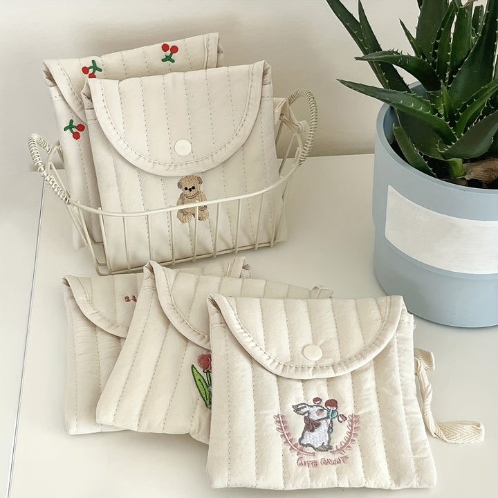 1pc Cute Cartoon Embroidered Pad Case, Lightweight Portable Menstrual Pack, High Aesthetic Sanitary Napkin Storage Bag, Polyester, Unisex, Fragrance-Free, Cosmetic Bag for Women