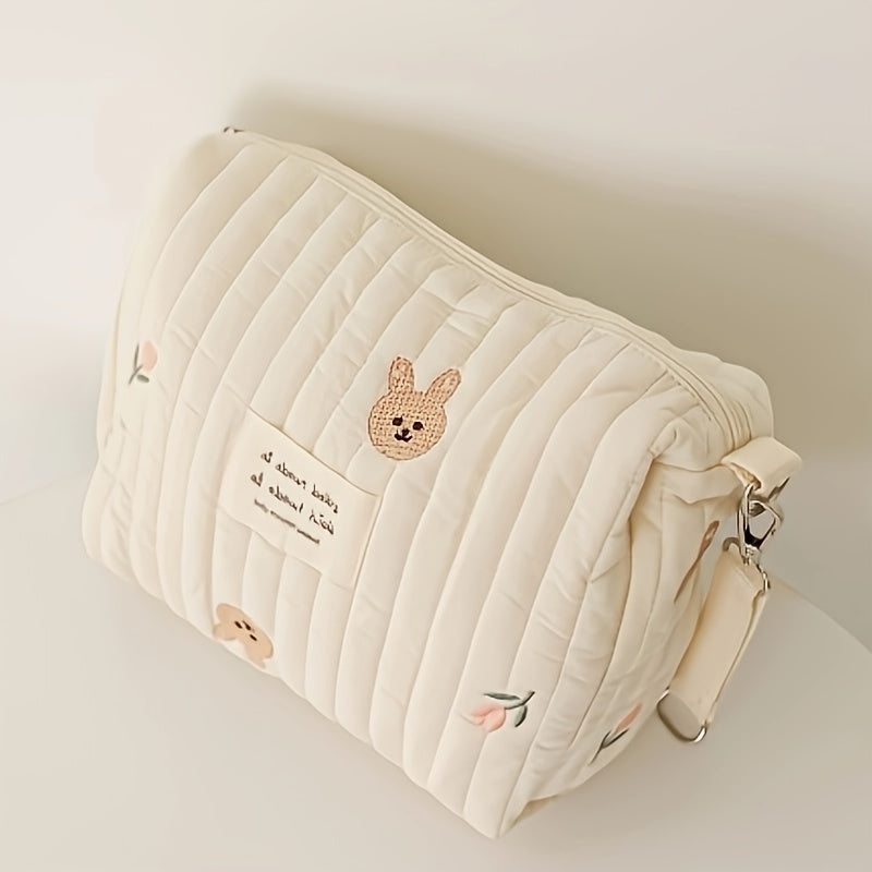 Portable Quilted Polyester Diaper Bag - Adorable Bunny & Floral Embroidery, Reusable Nappy Caddy Organizer with Zipper for Wet/Dry Use, Ideal for Strollers, Small