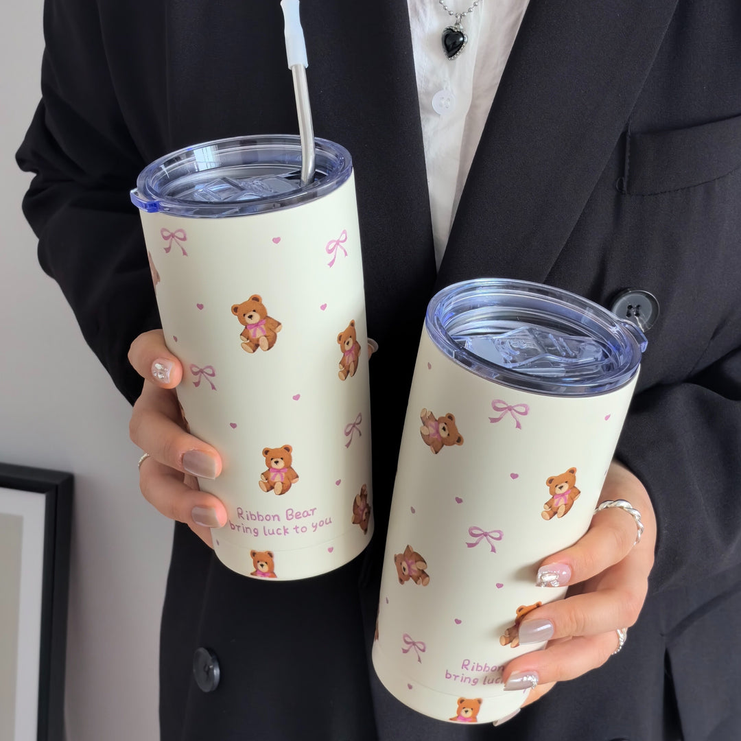 Cute Bow Bear 20Oz Stainless Steel Insulated Tumbler - Durable, Reusable, Multi-Purpose Travel Mug for Hot and Cold Beverages, Perfect for Camping, Outdoor Adventures, and Thoughtful Gifts - Straw Not Included