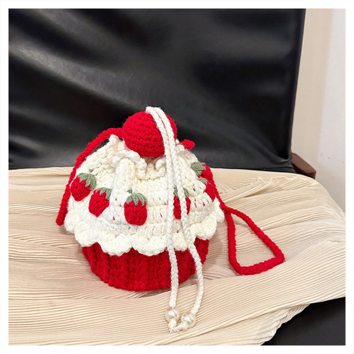 Handmade Strawberry Cake Knit Bucket Bag – Red & White Crochet Shoulder Messenger Bag with Drawstring Closure, Sweet Design for Women
