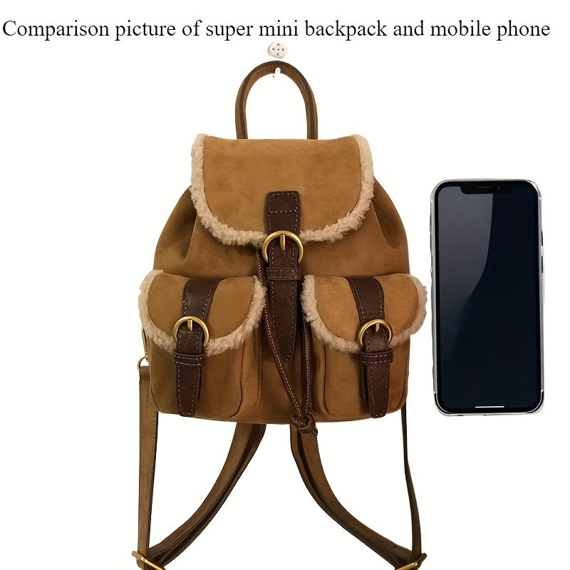 [Stylish Dual-Strap Handbag Autumn] Hailong Palace Elegant Daypack Backpack for Women - Casual Soft Shell Faux Fur Mini Back Bag with Utility Pocket, Buckle Closure, Light Brown Polyester Lining, Wipe Clean - Stylish Autumn/Winter Dual-Strap Handbag