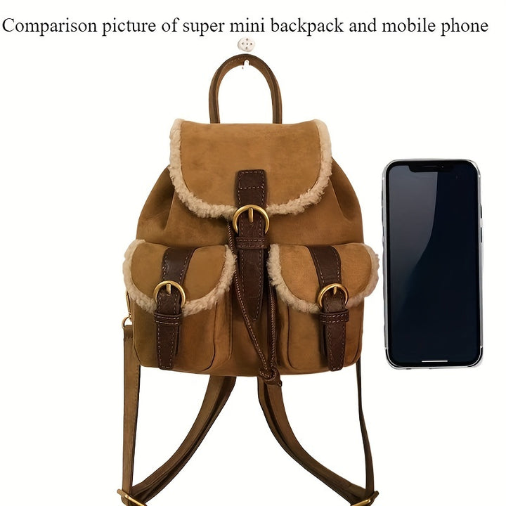 [Stylish Dual-Strap Handbag Autumn] Hailong Palace Elegant Daypack Backpack for Women - Casual Soft Shell Faux Fur Mini Back Bag with Utility Pocket, Buckle Closure, Light Brown Polyester Lining, Wipe Clean - Stylish Autumn/Winter Dual-Strap Handbag