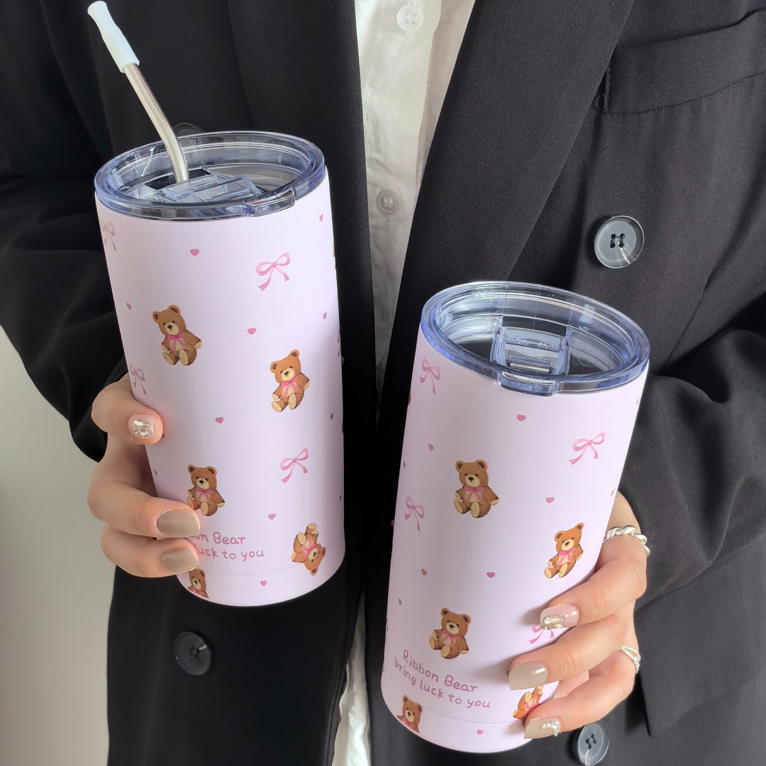 Cute Bow Bear 20Oz Stainless Steel Insulated Tumbler - Durable, Reusable, Multi-Purpose Travel Mug for Hot and Cold Beverages, Perfect for Camping, Outdoor Adventures, and Thoughtful Gifts - Straw Not Included