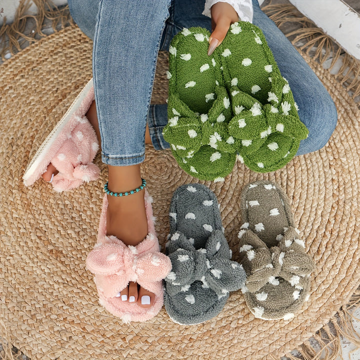 [Soft, Warm] Women's Plush Slippers with Polka Dot Bow - Soft, Warm, Non-Slip Indoor Footwear for Home Comfort in Spring & Autumn
