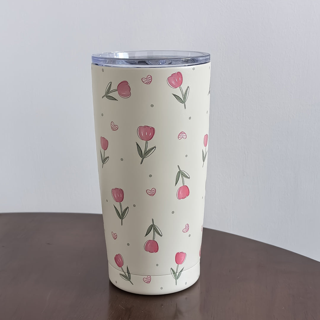 1pc, Tulip Pattern Water Bottle, 600ml/20.29oz Stainless Steel Insulated Water Cups, Summer Winter Drinkware, Travel Accessories, Gifts